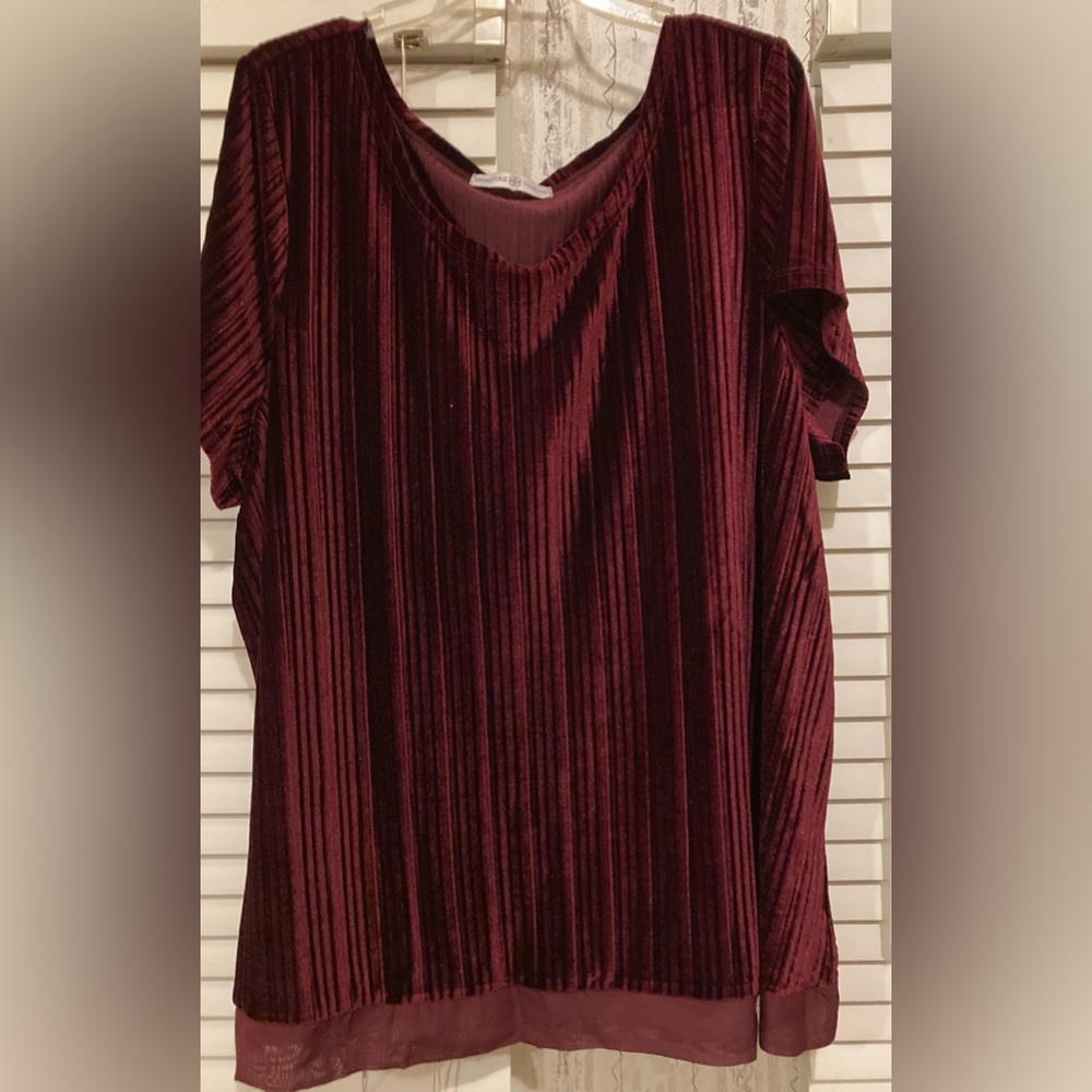 NWOT Ladies Size3X Signature Collection byAvon Maroon Velvet Blouse W/Lace Trim